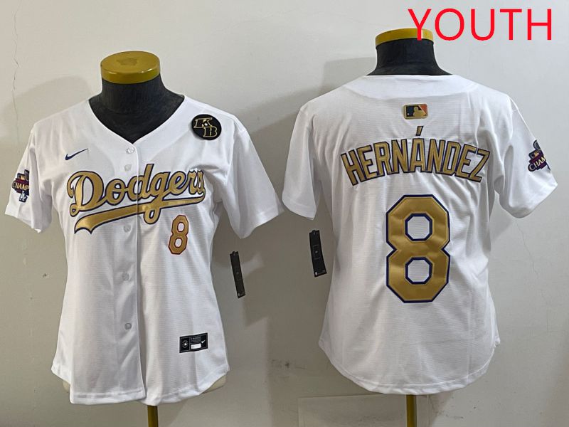Youth Los Angeles Dodgers 8 Hernandez White Gold Game Nike 2025 MLB Jersey style 4295